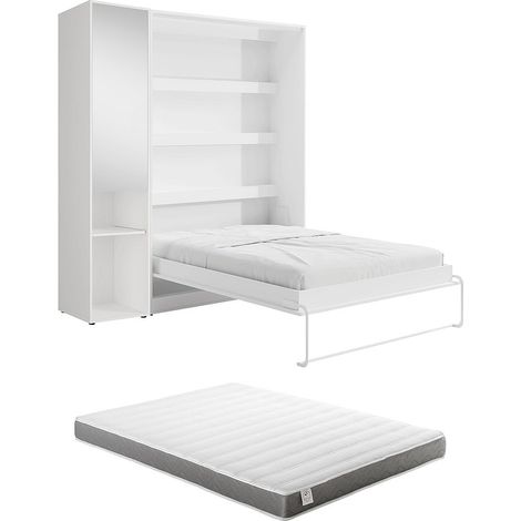 Letto a scomparsa verticale 160 x 200 cm 1 colonna contenitore Con specchio e LED Bianco + Materasso - RAPILI (1/5)