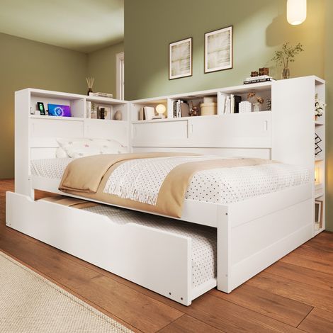 Lit canapé extensible 90x200 avec tiroir rangement USB blanc (1/5)