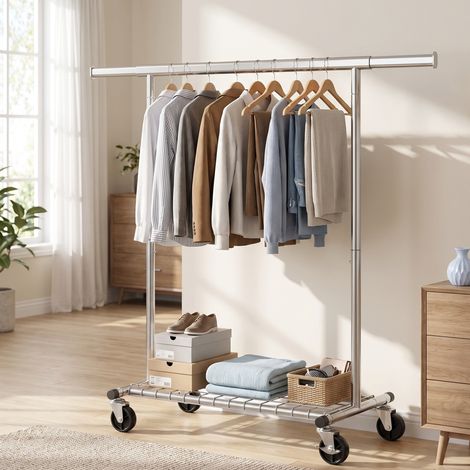 Portant à Vêtement Solide 180 kg sur Roulettes Extensible avec Étagère (92-132) x 45 x 161,5 cm Argent (1/5)
