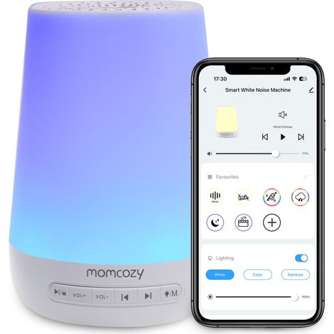 Máquina de ruido blanco, ayuda portátil para dormir con ruido blanco para bebés y adultos, máquina de ruido blanco con 34 sonidos, terapia de ruido blanco para bebés DB03, luz nocturna con 7 colores,  (1/5)