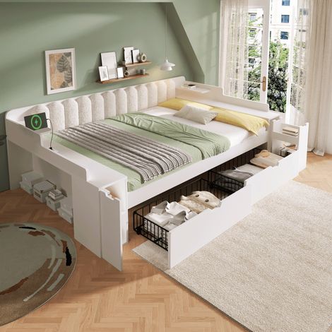 Lit banquette 140x190cm avec sommier métal, station de charge, 2 tiroirs, coffre mobile, étagère et placard, sans matelas, bois blanc et sherpa (1/5)