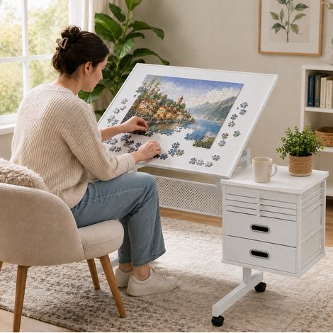 Mesa para puzles ajustable 89x64x78,5 cm de MDF y metal blanca con cajones y ruedas - CHICFURN (1/5)