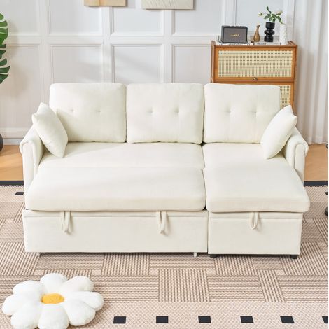Canapé d’angle convertible avec coffre, chaiselongue réversible, chenille beige, 206 cm (1/5)