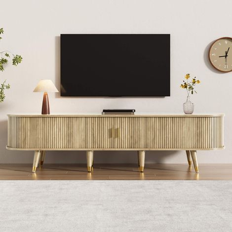 Meuble TV 160x39x50,5 cm effet noyer avec façade ondulée, pieds en métal noir, rangement spacieux et gestion des câbles, meuble TV salon moderne (1/5)
