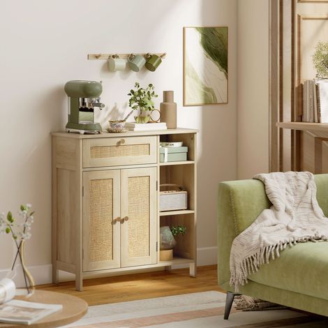 Buffet rangement 2 portes rotin tiroir niches ouvertes étagères 75x30x79,5 bois naturel (1/5)