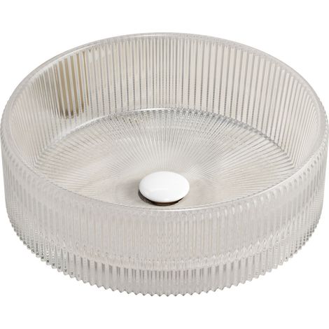 Lavabo da 36 cm, lavabo rotondo in vetro di cristallo senza rubinetto, trasparente