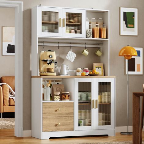 Buffet de cuisine 178 cm avec LED, prise intégrée, vitrine en verre trempé, range-bouteilles et plan de travail effet bois, blanc (1/5)