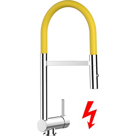 NIEDERDRUCK Unterfenster Wasserhahn Vorfenster Umklappbar 6 CM Verchromt Küchenarmatur mit 360° schwenkbarem Gelb Auslauf und abnehmbare 2 strahl Handbrause (1/5)