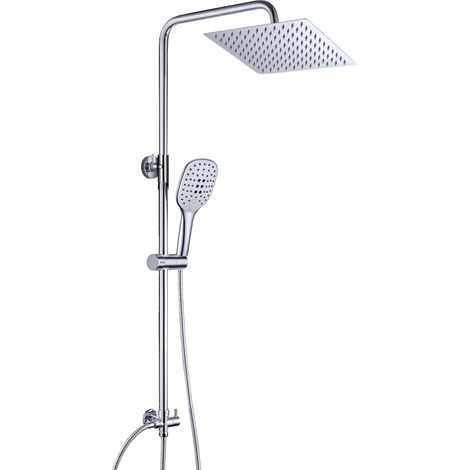 Colonne de douche Inox sans Robinetterie Thermostatique, Système Pluie pour Cabine Baignoire avec Barre Réglable Hauteur et Tête de Douche 20x20 cm Chromé (1/5)