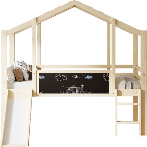 Cama alta infantil 90 x 200 cm con tobogán, escalera y pizarra, madera natural MODENUIT (1/5)