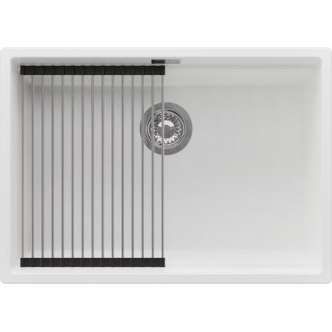 PRIMAGRAN Evier Cuisine en Granit 66x47cm,Lavabo 1 bac + Kit de Vidage + Égouttoir Enroulable, Évier à Encastrer au meuble 70cm - Prague Slim, Blanc (1/5)