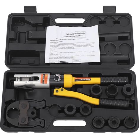 Herramienta para engarzar mangueras hidráulicas, funcionamiento manual, incluye 8 matrices, color amarillo. (1/2)