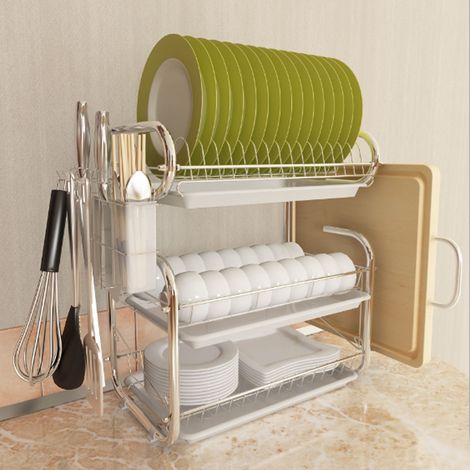 3 Tier Chrome Dish Drying Rack Cutlery Cups Holder with Drip Tray (1/5)