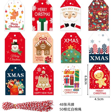 Lot de 48 étiquettes cadeaux en papier kraft motif Noël + 50 cordons rouge et blanc