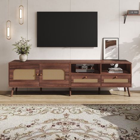 Meuble TV 200x37x49,5cm - 2 portes rotin & 2 tiroirs - 8 pieds bas - Pour TV 80" - Style moderne marron (1/5)