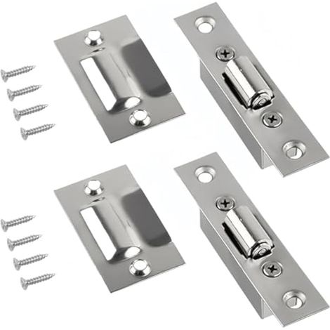 2 verrous à bille réglables en acier inoxydable pour porte de cuisine, pêne caché, ressort, rouleau, finition argent brossé, vis incluses (1/5)