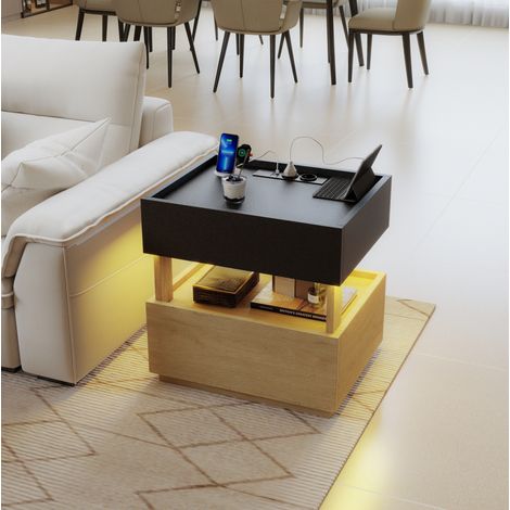 Comodino con ricarica wireless, LED, USB, 2 cassetti, nero e legno DESVIAE (1/5)