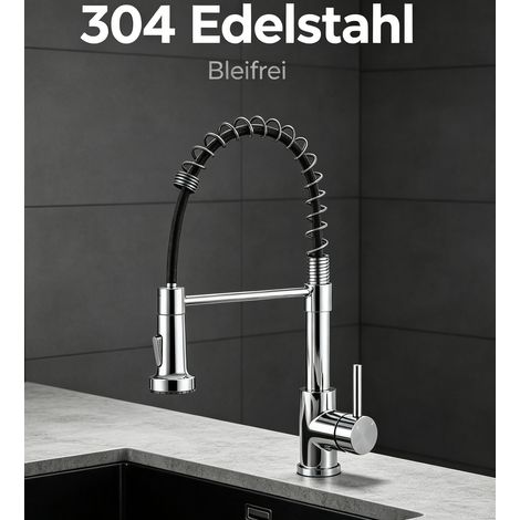 DUSCHPARADIES Küchenarmatur mit Spiralfeder Ausziehbare Brause 360°Schwenkbar Edelstahl 2 Strahlarten Hochdruck Wasserhahn Silber Chrom (1/5)