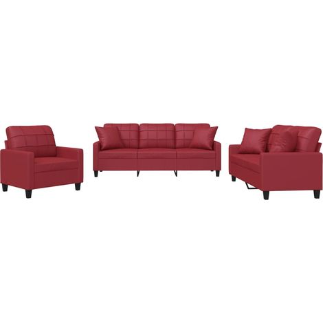 vidaXL Set di Divani 3 pz con Cuscini Rosso Vino in Similpelle