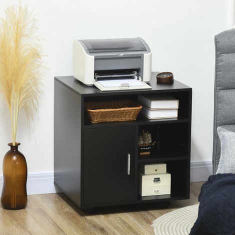 Support pour imprimante sur roulettes avec armoire et 3 étagères ouvertes. En bois. 60 x 50 x 65,5 cm. Noir.