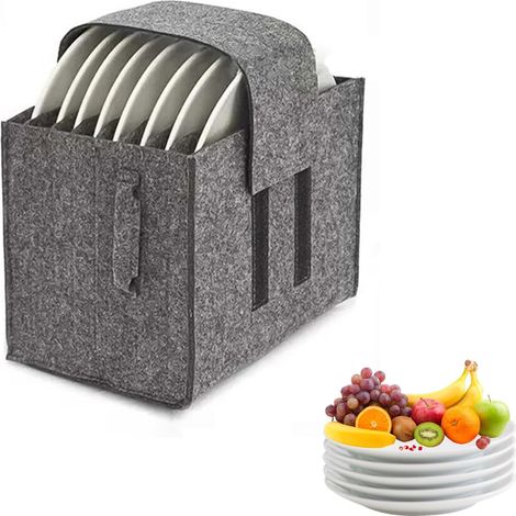 Porte Assiette Feutre, 8 Compartiments Boite Rangement Assiette, Antidérapant et Silencieux Rangement de Vaisselle de Camping, Gris, avec Poignées, pour Ranger Assiettes Moins 26 cm Diamètre (1/5)