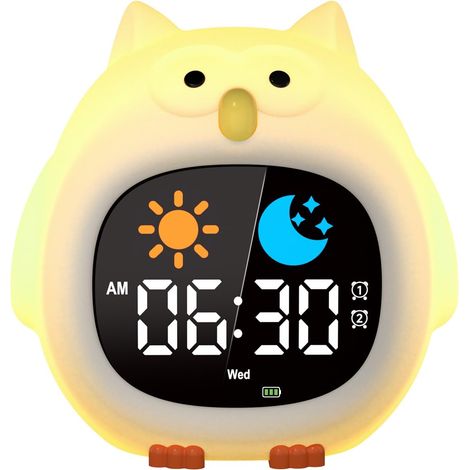 Réveil Enfant Éducatif Jour/Nuit – 2 Alarmes, Format 12/24h, Snooze, Luminosité Réglable, 7 Couleurs Lumineuses, 10 Chansons avec Arrêt Automatique (1/5)