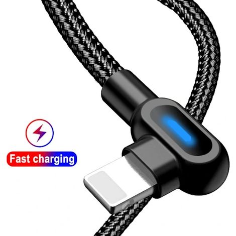 Super offre à petit prix Câble de charge coudé à 90° USB-A vers USB-C / iPhone, noir clair (Lightning), 2 mètres - Glad (1/4)
