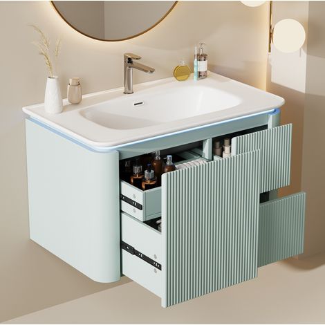 Waschtischunterschrank wandhängend mit Keramikbecken, LED-Sensorlicht, 80,5 cm, grün OKMYHOME (1/5)