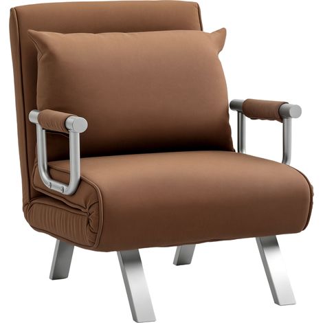 HOMCOM sofá cama de 1 plaza, 2 en 1, sillón cama plegable con respaldo ajustable en 5 posiciones, almohada acolchada, 65x69x80 cm, marrón