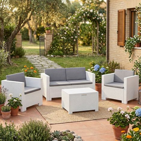 Dmora - Loungeset für draußen Kuiper, Outdoor-Lounge mit Couchtisch, Terrassenset mit Kissen, Gartenkomposition mit Sofa und Sesseln, Made in Italy, Weiß (1/5)