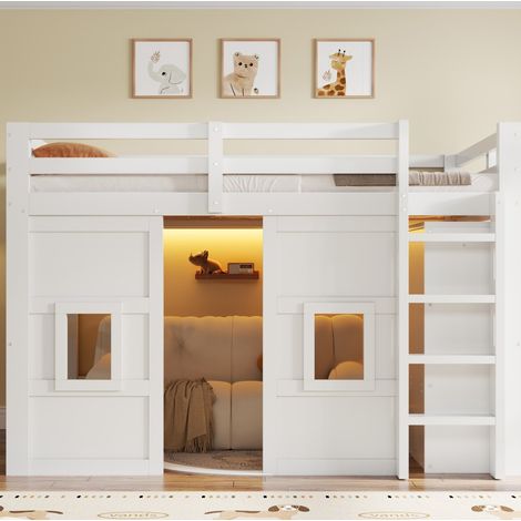 Hochbett modern aus Holz Weiß 140x200 cm mit Kleiderschrank, 2 Fenstern, LED und Lattenrost