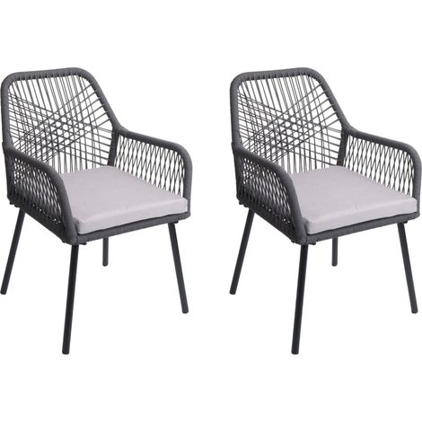Lot de 2 chaises de jardin motif graphique aéré en aluminium anthracite corde tressée et coussins gris inclus 040009695