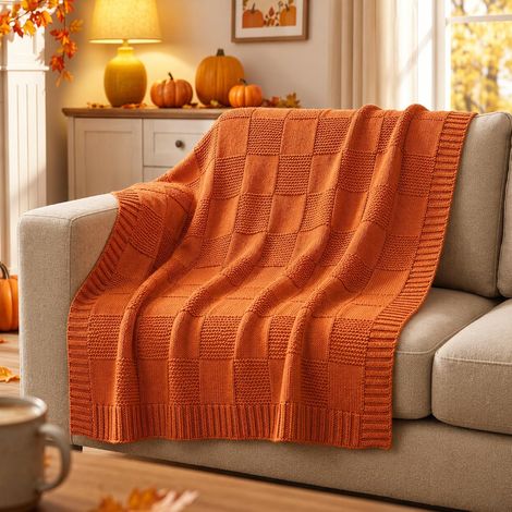 Plaid Tricot Orange 135x150 cm, Couverture Tricotée à Carreaux, Plaid Acrylique Doux 370GSM, Couverture Légère Automne Canapé Lit Déco Cadeau pour Femme (1/5)