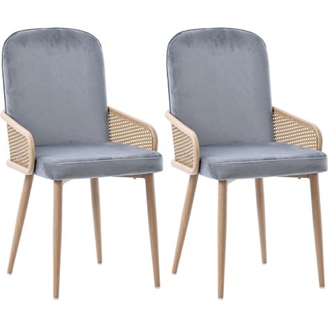 Lot de 2 chaises de salle à manger en velours gris, design résine tressée, pieds métal effet bois, pour salon et chambre, style moderne – CHICFURN (1/5)