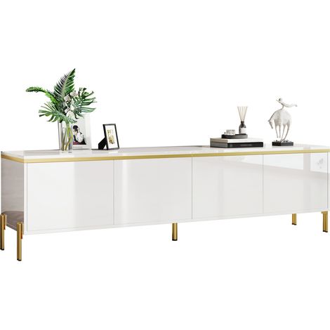 CHICFURN Mueble TV con almacenaje 170x38x50 cm blanco, 4 puertas, pasacables y patas metálicas (1/5)
