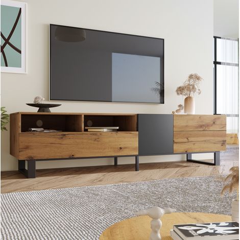 Mueble TV de 180 cm en MDF con gran espacio de almacenamiento, dos cajones, puertas push-open y patas de metal, estilo moderno en madera oscura y negro CHICFURN (1/5)