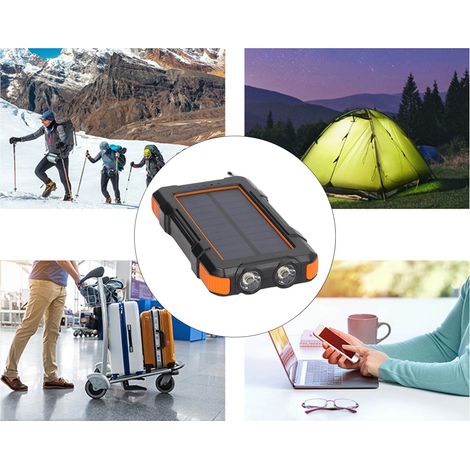 Batterie externe solaire ABS 20 000 mAh avec 2 LED blanches, chargeur solaire sans fil pour camping et voyages, couleur orange. Idéale pour le camping et les voyages. (1/5)