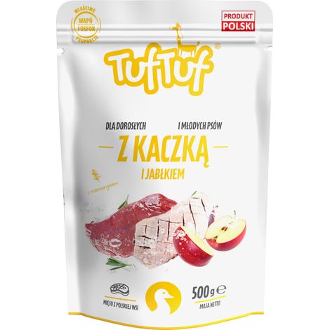Comida húmeda para perros TufTuf sabor pato con manzana, sobre de 500 g, carne en conserva.