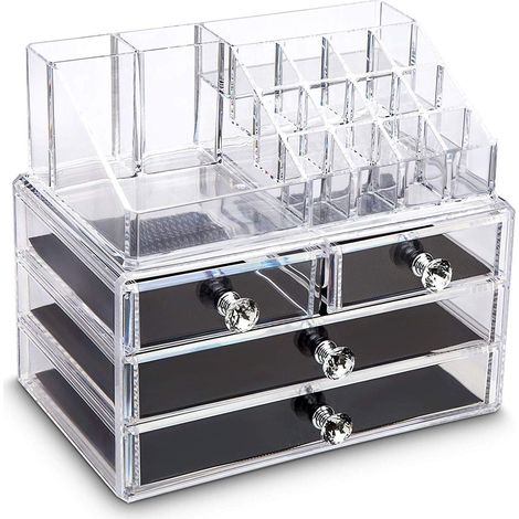 Make-up-Organizer aus transparentem Acryl, Kosmetik- und Hautpflege-Präsentationsständer, Lippenstift-Präsentationsständer, Schmuckkästchen mit Schubladen, 20 Fächer und 4 Schubladen, rautenförmige Sc (1/5)