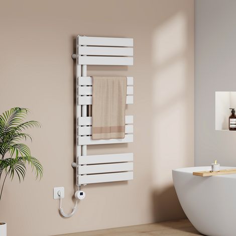 EMKE Elektrischer Handtuchheizkörper 104x50cm 600W Badheizkörper Handtuchtrockner mit Heizstab Sprachsteuerung Alexa/Google, 4 Modi, Fenstererkennung & Wochenprogramm Flachrohr Weiß