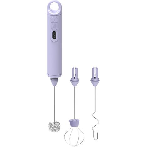 Espumador de leche automático portátil recargable con 3 cabezales mezcladores intercambiables, 3 velocidades para leche, café, café con leche, chocolate caliente, morado
