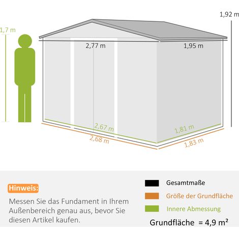 Abri de jardin 4,9 m² en acier galvanisé à toit à deux pentes, fondations et porte coulissante verrouillable, remise étanche dimensions 277 x 195 x 192 cm pour arrière-cour, couleur gris clair (1/4)
