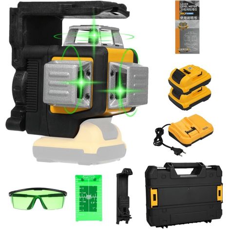 Láser de nivelación verde, 3x360° 3D con 12 líneas, batería recargable de iones de litio, autonivelante, incluye estuche rígido (1/5)