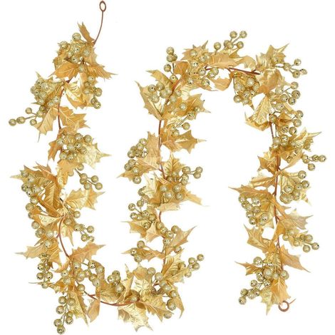 Guirlande de baies artificielles 175cm avec paillettes dorées et feuilles de houx pour Noël