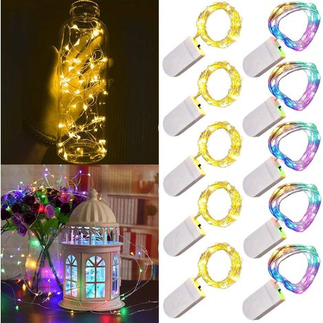 Lot de 10 guirlandes lumineuses LED à piles 1m 10 LED fil d'argent multicolore et blanc chaud étanche étoile bouteille guirlande lumineuse pour Noël fête de mariage chambre décoration intérieure (1/5)