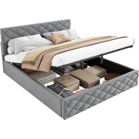 Lit Coffre 140x200 Velours Gris avec Sommier à Lattes, Lit Double Hydraulique avec Rangement (1/5)