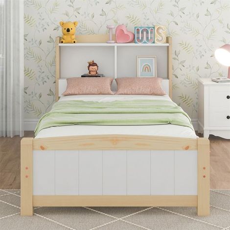 Lit simple bois massif 90 x 200 cm avec tête de lit coffre Marron - sans matelas (1/5)