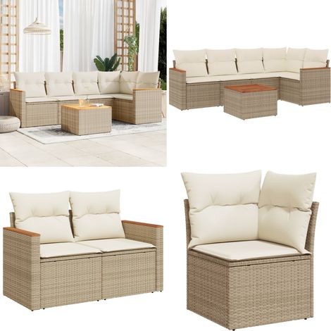 6-tlg. Garten-Sofagarnitur mit Kissen Beige Poly Rattan - Gartenmöbel Set - Esszimmergarnitur - Outdoor Lounge - Rattan Gartenmöbel - Balkonmöbel - Home & Living (1/5)