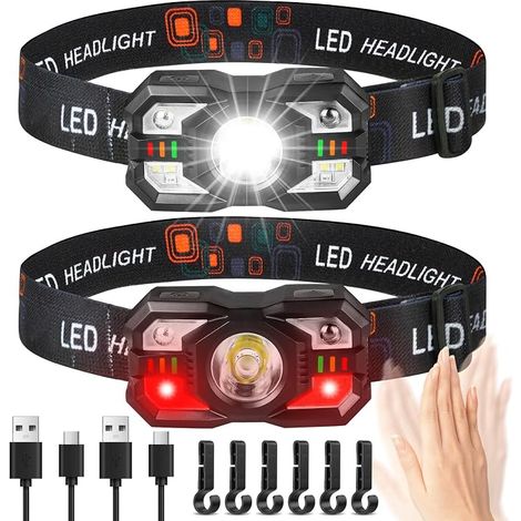 Linterna frontal LED, 2 linternas frontales LED, linterna frontal recargable impermeable IPX5, 5 modos de iluminación, sensor de movimiento, linterna frontal recargable portátil para camping, emergenc (1/5)