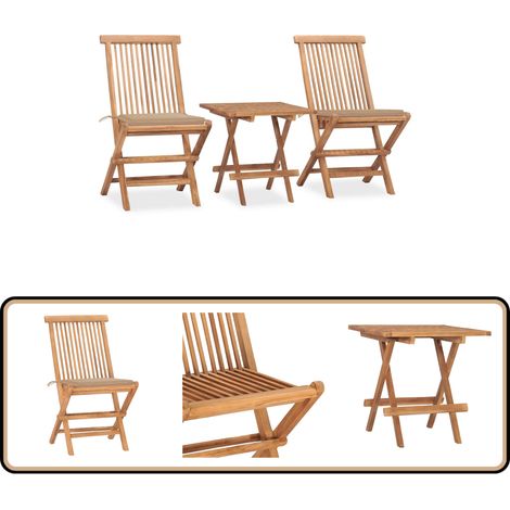 3-tlg. Garten-Essgruppe mit Kissen Klappbar Massivholz Teak - Gartenmöbel Set - Teakholzmöbel - Gartenstuhl - Gartentisch - Outdoor Essgruppe